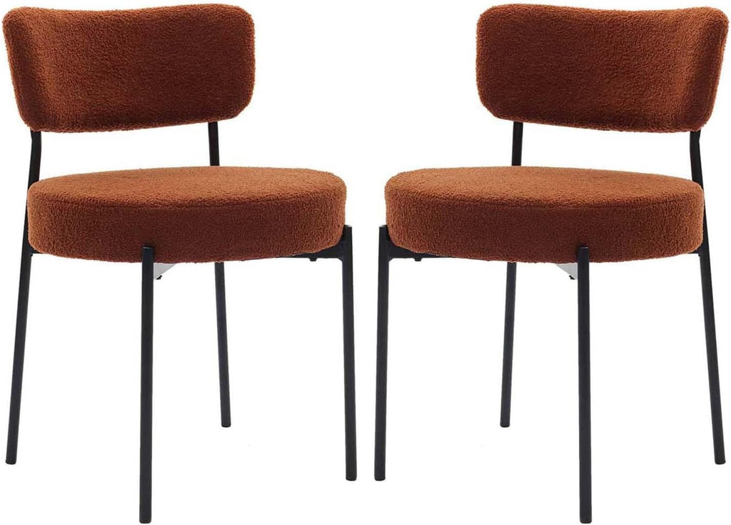 Boucle Dining Chairs Set of 2, Brown Mid Century Modern Kitchen Dining Room Chairs with Curved Backrest and Metal Frame, Round Upholstered Dining Chairs for Kitchen, Living Room