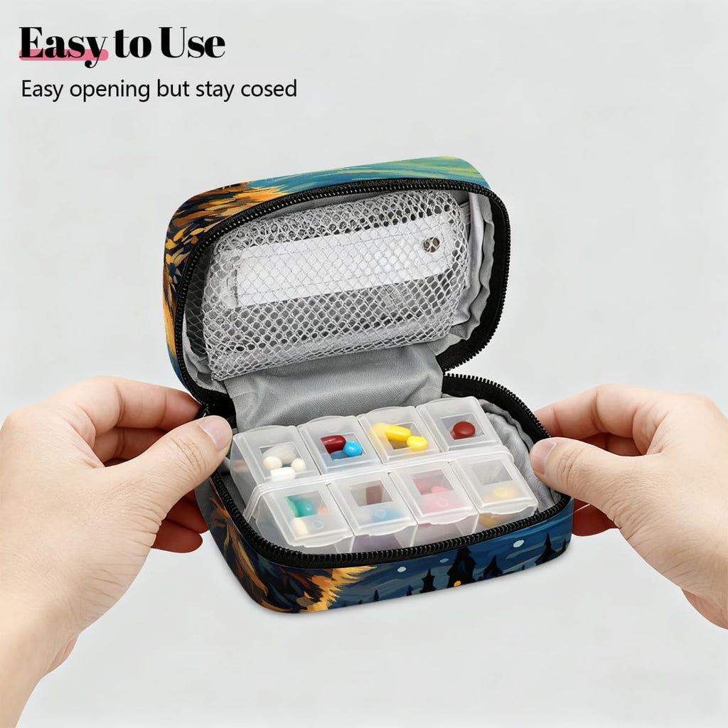 Oil Painting Starry Sky Cat Pill Organizer Travel Medicine Case with Zipper Daily Vitamin Storage Bag Portable 8 Slot Weekly Pill Box Supplement Holder for Home Office Gym Travel