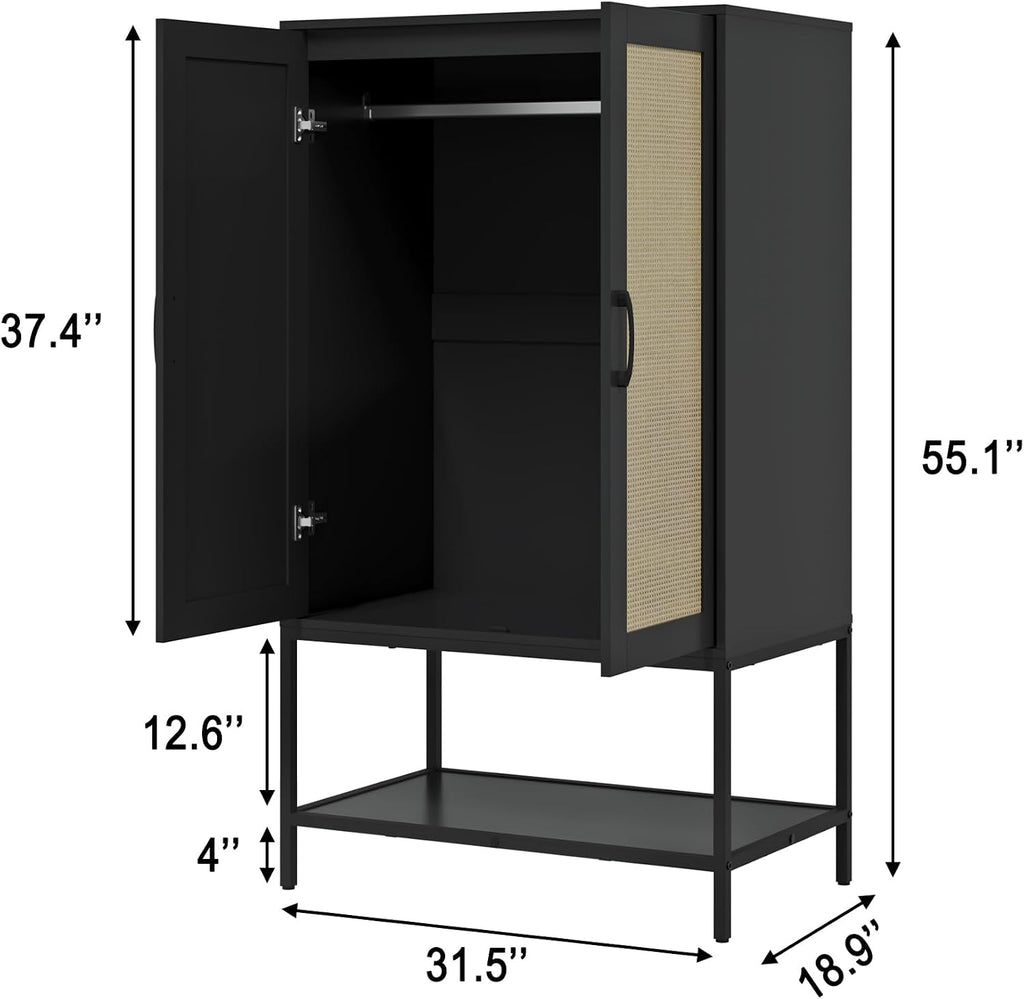 Wooden Wardrobe Closet, 2 Doors Rattan Almirah with Hanging Rail, Soft Hinge, Metal Leg and Bottom Storage Shelf, Practical Closet Organizer for Bedroom (Black)