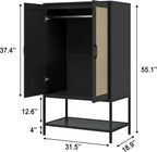 Wooden Wardrobe Closet, 2 Doors Rattan Almirah with Hanging Rail, Soft Hinge, Metal Leg and Bottom Storage Shelf, Practical Closet Organizer for Bedroom (Black)