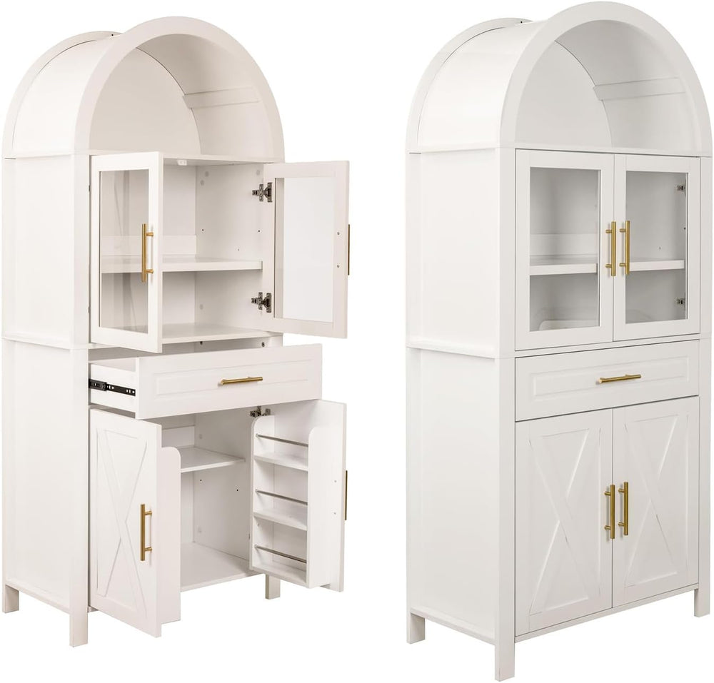 71" Tall Arched Pantry Cabinet Farmhouse Kitchen Pantry with Glass Door,...