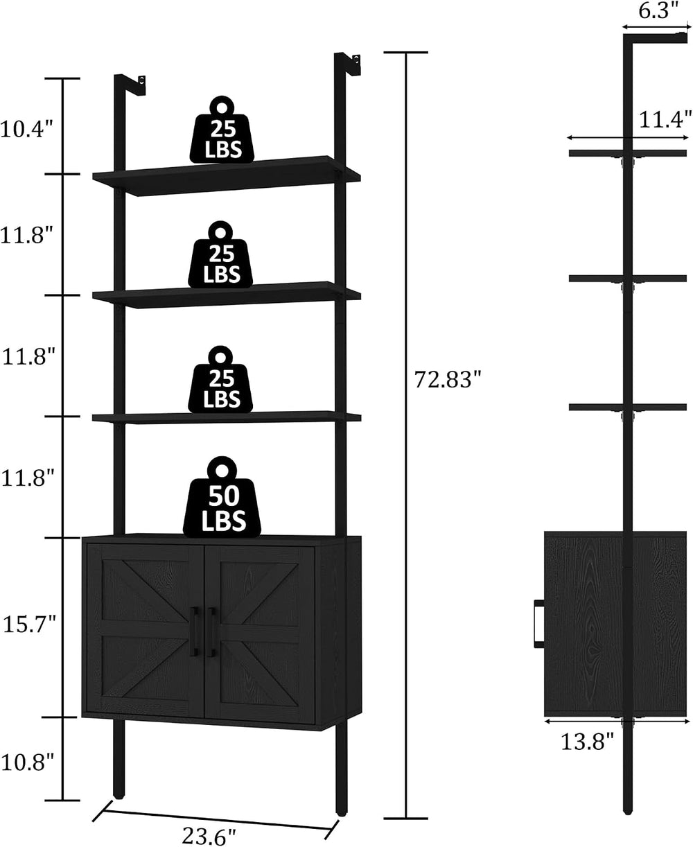 Yusong 73" Tall Bookshelf with Cabinet, Industrial Ladder Wall Mount She...