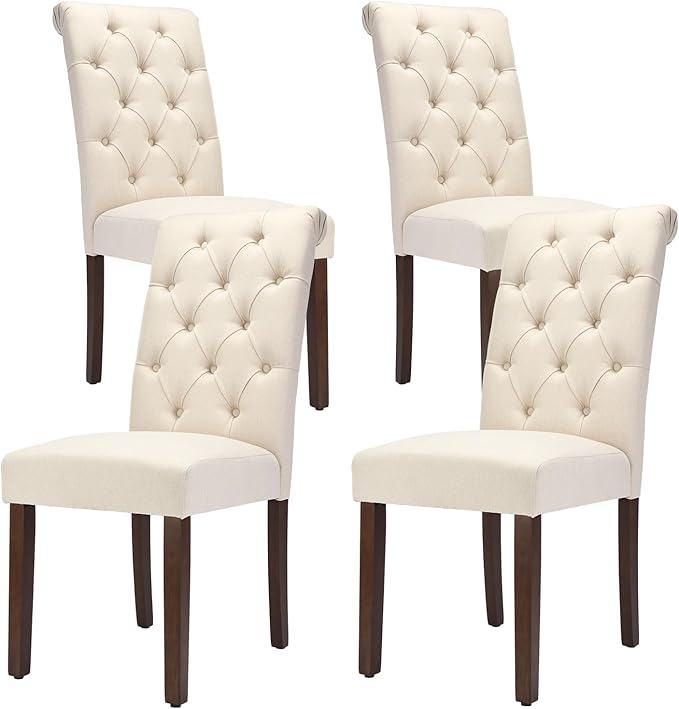 Tufted Dining Chairs Set of 4, Upholstered Parsons Dining Room Chairs, Fabric Kitchen Side Chair with Wood Legs, Beige