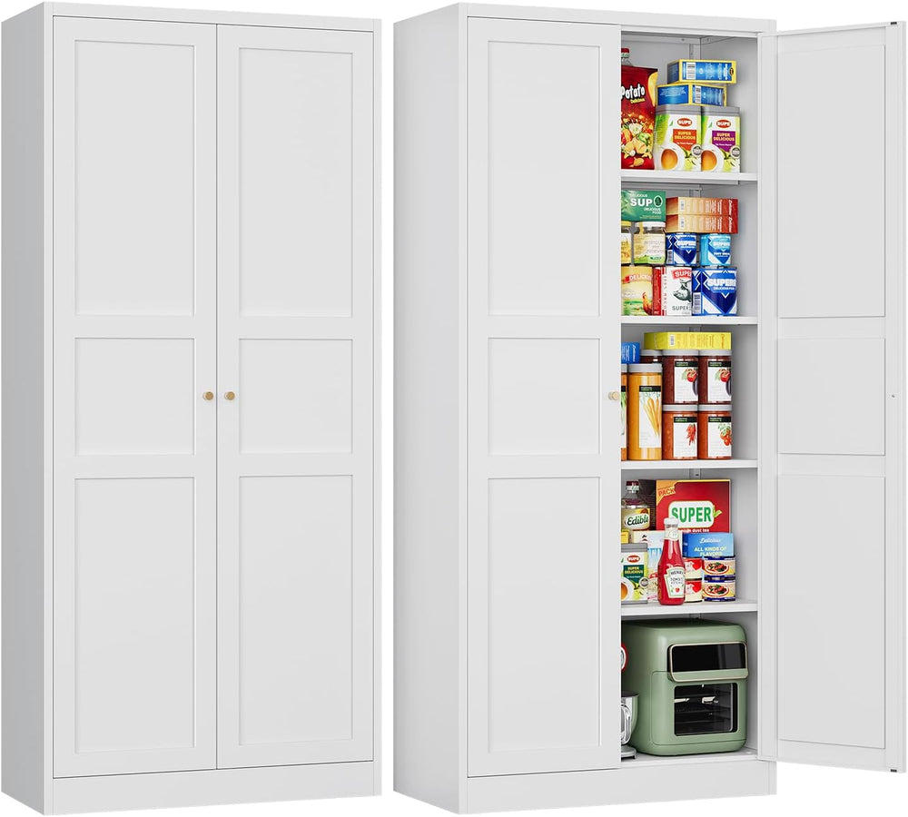 Letaya White Storage Cabinet with Adjustable Shelves-Metal Home Kitchen Pantr...
