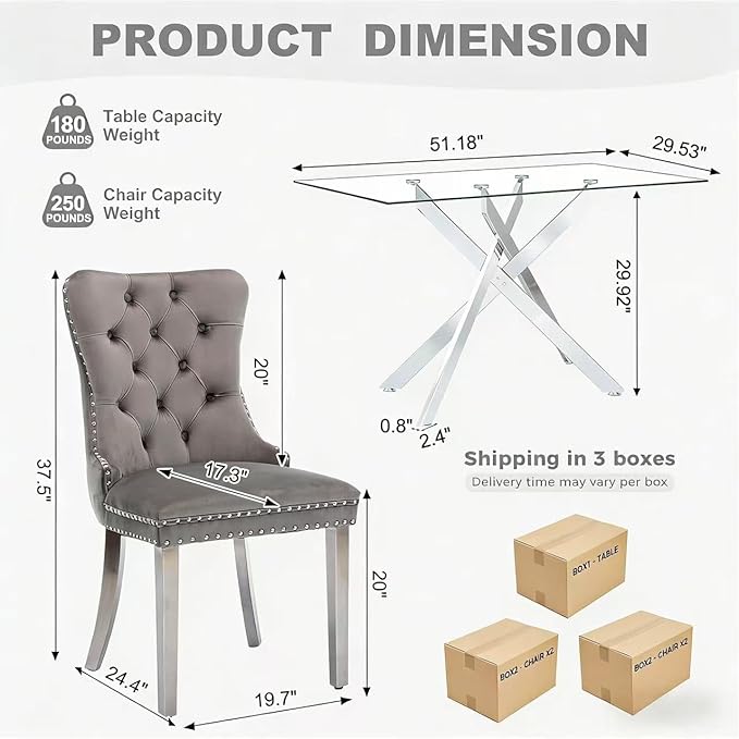 51 Inch Glass Dining Table Set for 4, Rectangular Glass Kitchen Table with 4 Upholstered Velvet Accent Chairs, 5 Piece Modern Dining Room Set, for Home, Apartment, Small Spaces - Grey Silver