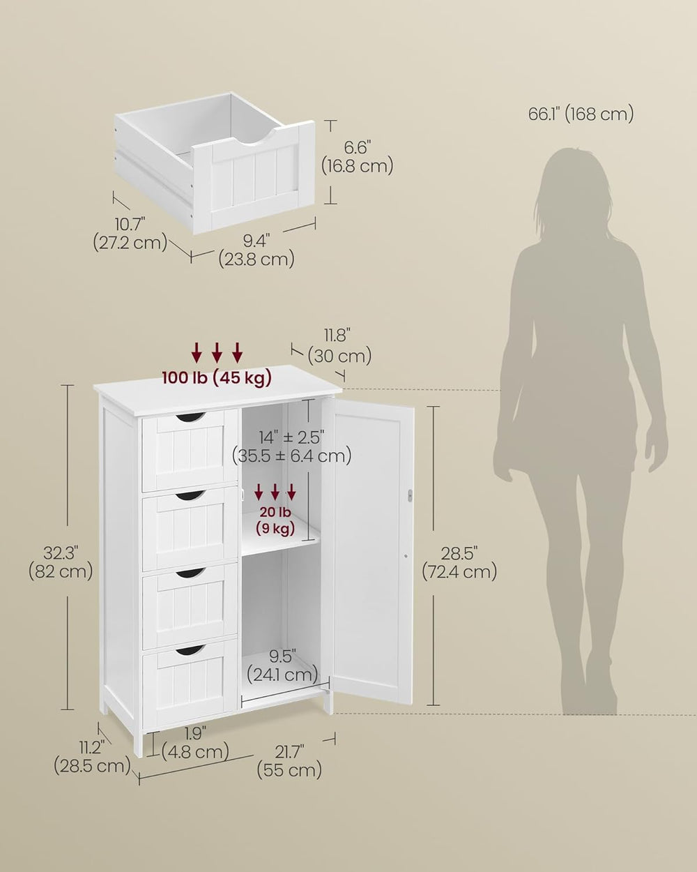 VASAGLE Storage Cabinet with Drawers, Freestanding Floor Cabinet with Door, 1...
