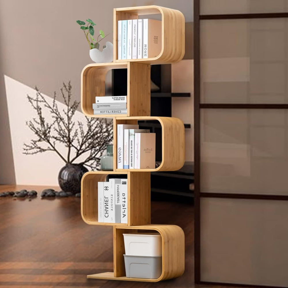 S-Shaped Geometric Modern Bamboo Bookshelf, Large Capacity Creative Display C...