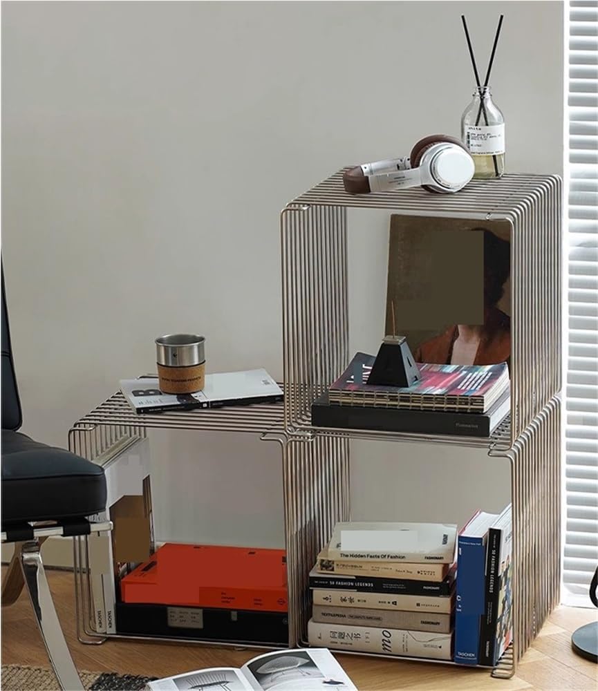 Square Retro Side Table, Metal End Table, Linear Coffee Table, Multi-Purpose ...