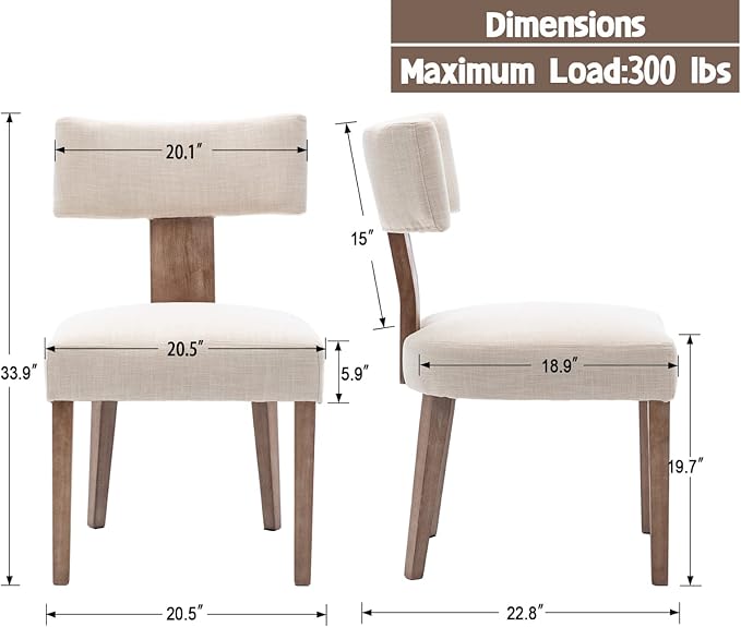 Mid Century Modern Dining Chairs Set of 4, Upholstered Wooden Dining Room Chairs, Farmhouse Kitchen Chairs, Accent Armless Side Chairs with Curved Back for Living Room, Beige Linen, 4PCS