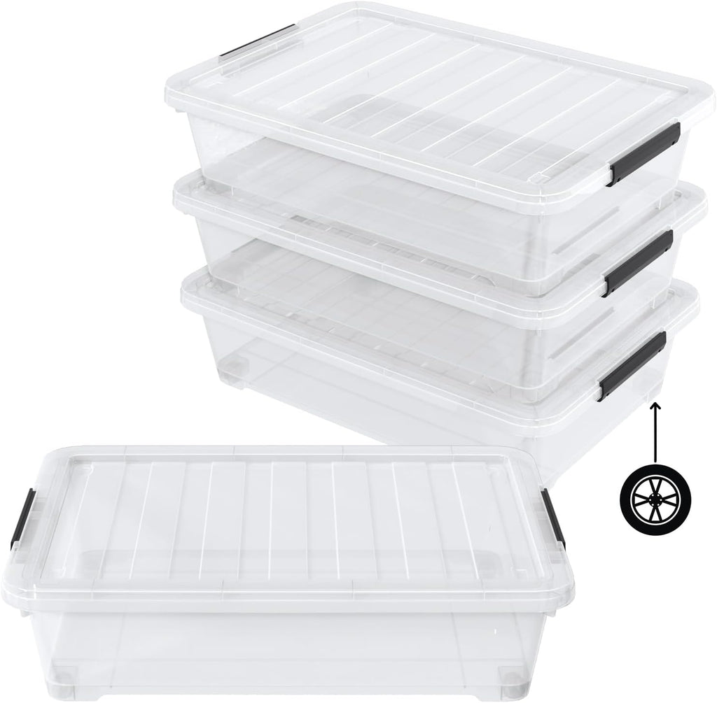 Pack of 4 Stackable Plastic Containers with Durable Latching Lids, Under Bed Storage Containers, 40 Quart