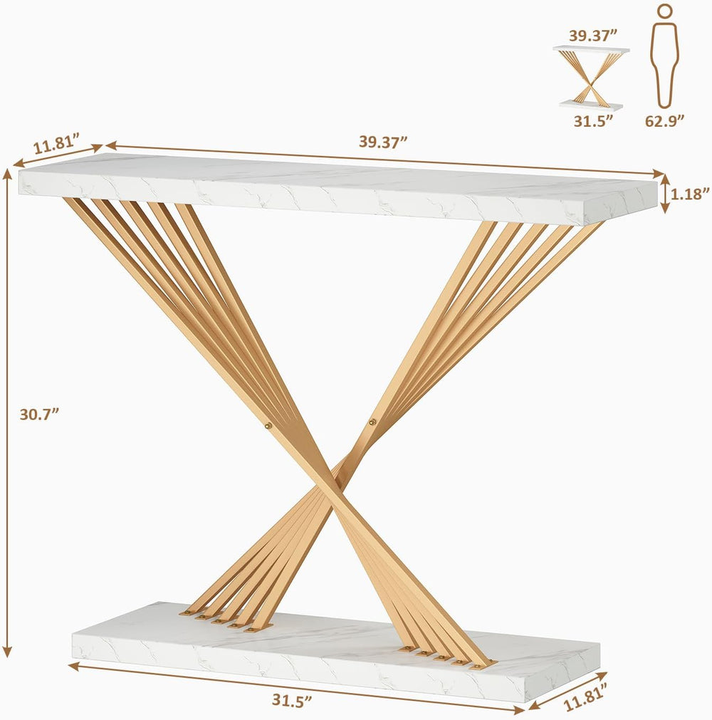UNIQUITE 39.4 Inch Gold Console Table, White Faux Marble Modern Entryway Tabl...