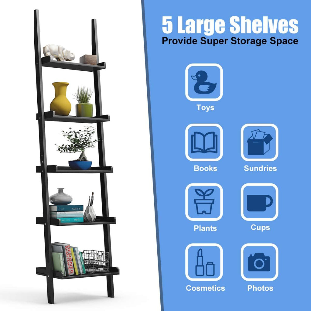 Tangkula Ladder Shelf, 5-Tier Multifunctional Modern Wood Plant Flower Book Display Shelf, Home Office Storage Rack Leaning Ladder Wall Shelf (Black, 1)