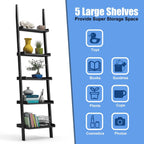 Tangkula Ladder Shelf, 5-Tier Multifunctional Modern Wood Plant Flower Book Display Shelf, Home Office Storage Rack Leaning Ladder Wall Shelf (Black, 1)