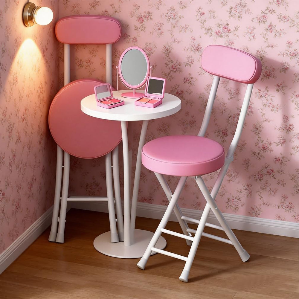 Folding Stool with Back, Padded Leather Round Foldable Stool, Foldable Bar Ch...