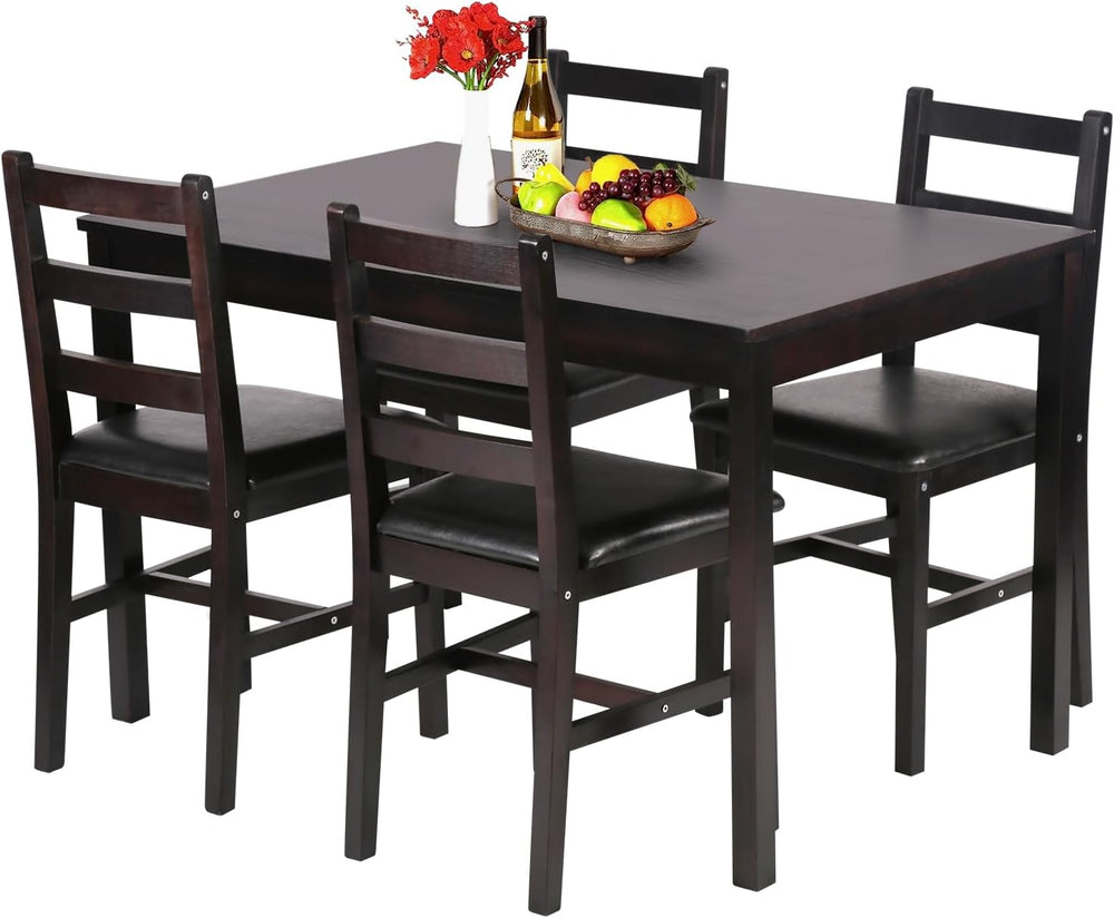 FDW | 5-Piece Solid Pine Wood Dining Table | Brown | Kitchen Table