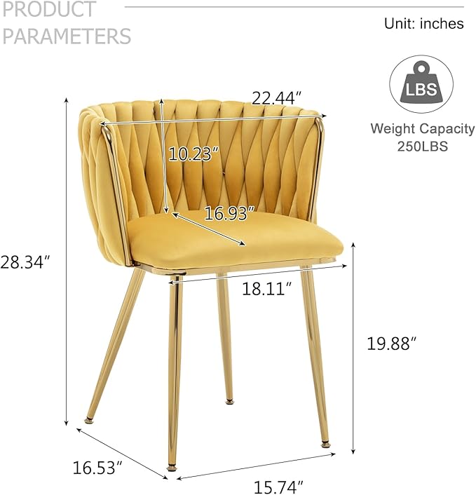 Velvet Dining Chairs Set of 4, Modern Upholstered Dining Chairs with Gold Metal Legs for Dining Room, Vanity, Kitchen, Living Room(Yellow)