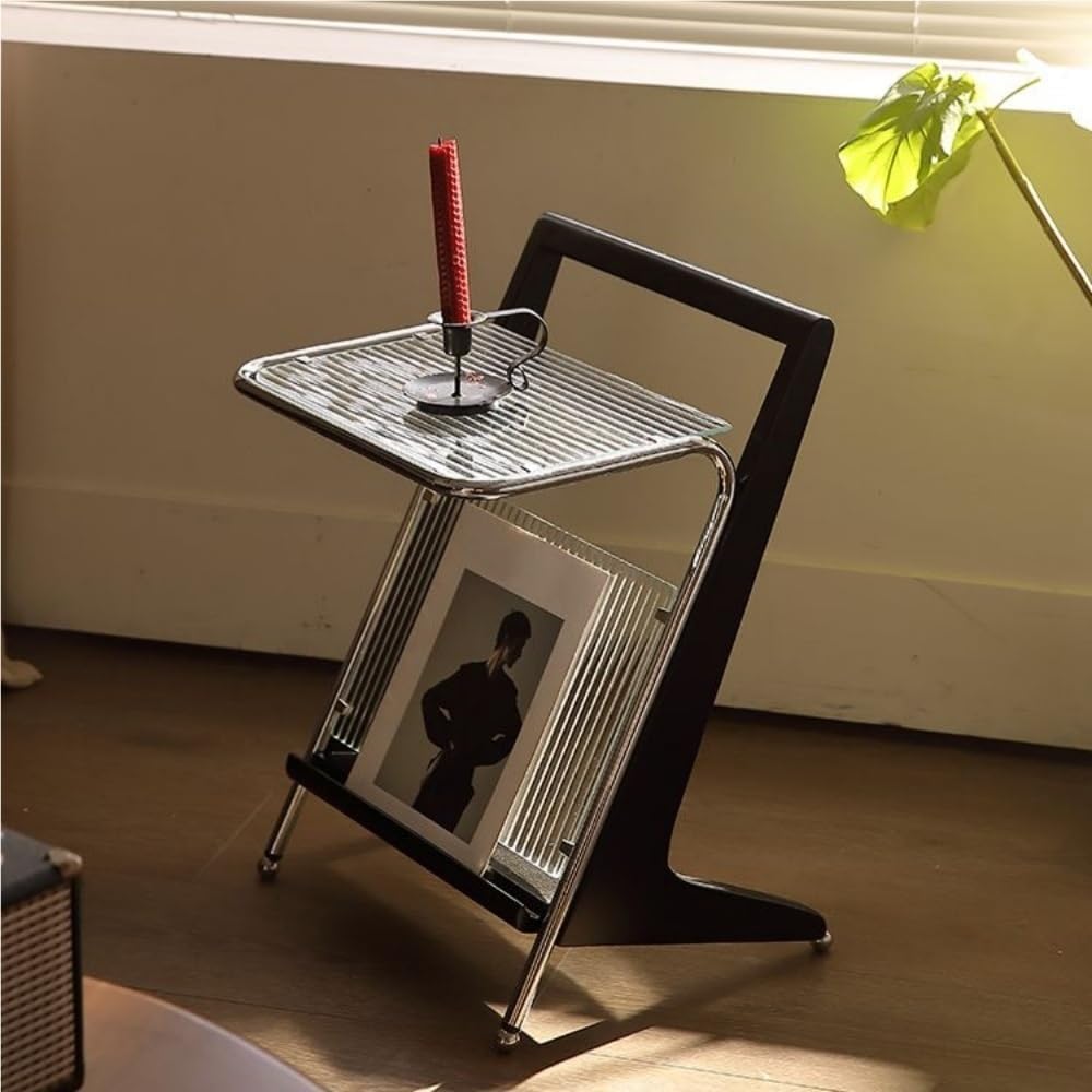 Solid Wood Side Table with Glass Top, Z Shape End Table with Magazine Rack, M...
