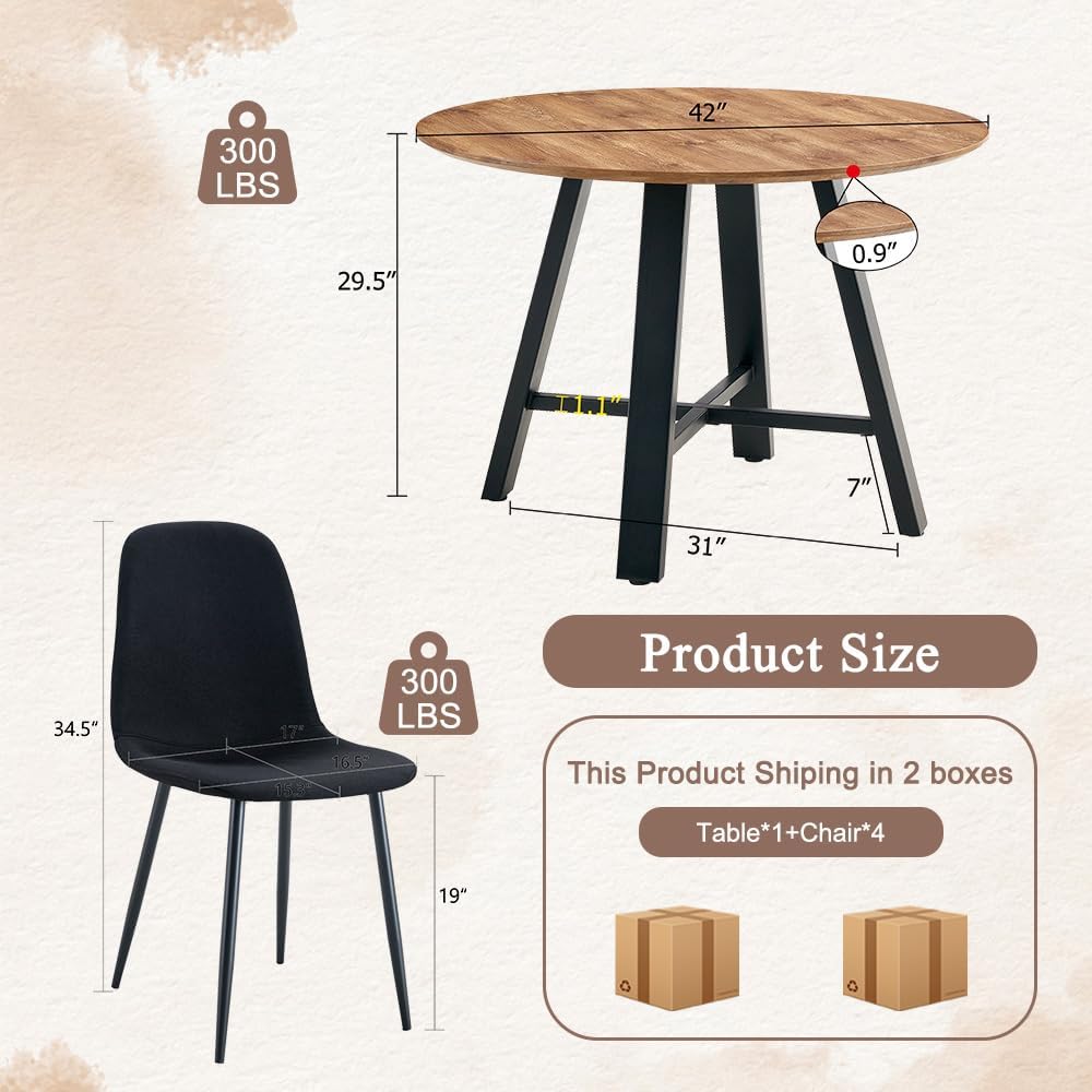 42" Round Dining Table Set for 4, Modern Kitchen Table Chairs Set of 4 W...