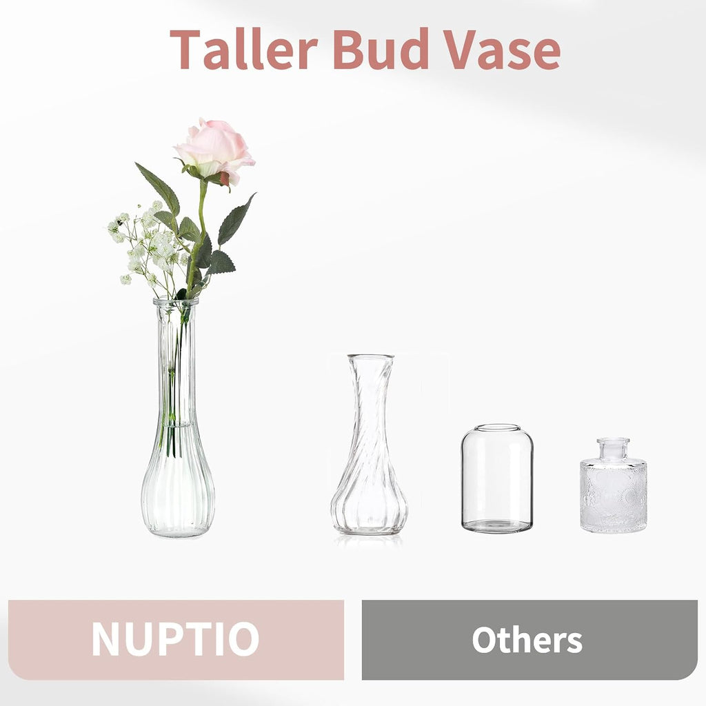NUPTIO Glass Bud Vases Centerpiece Bulk, 8.5" Tall, Clear, Set of 3 | Cute Ribbed Flower Vase, for Wedding, Birthday, Party, Events, Home, Table Decor