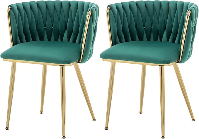 Velvet Dining Chairs Set of 2, Modern Upholstered Dining Chairs with Gold Metal Legs for Dining Room, Vanity, Kitchen, Living Room(Green)