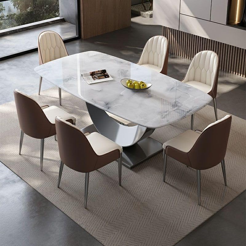 LAKIQ Stone Top Dining Table with Metal Pedestal Base Rectangular Modern Dinn...