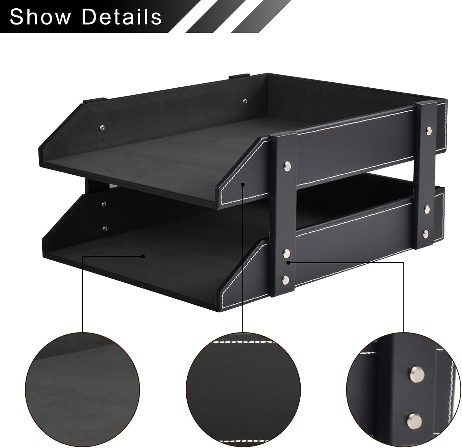 Leather Desk Organizer,2-Tier Stackable Letter Tray Holder,Office Supplies Desktop Storage Box for Document,Stationery,Magazines,Newspapers,Letters and Other Home Office Paper Sundries,Black