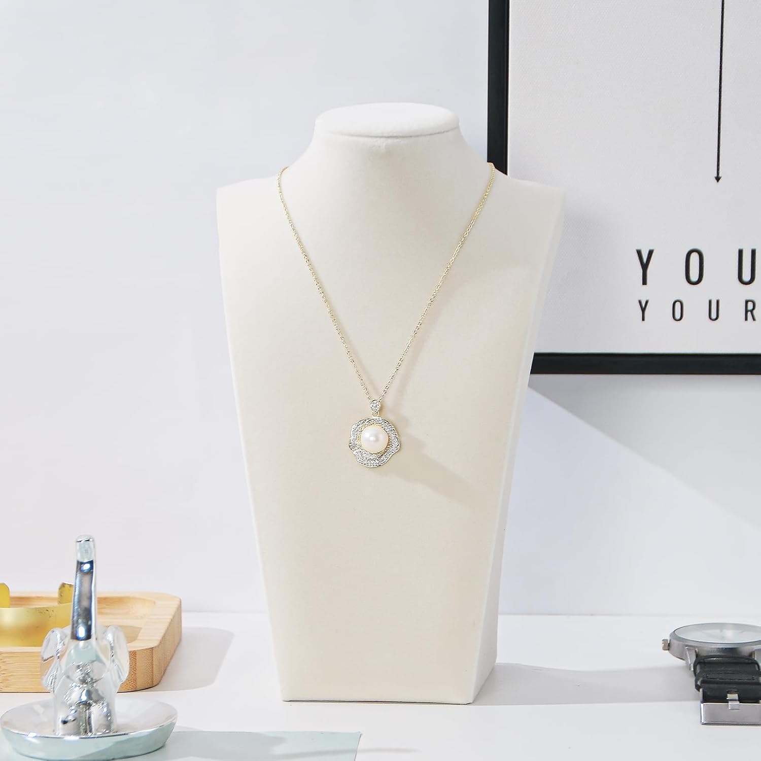 Necklace Bust Display Stand, Beige VelvetNecklace Display Holder, Jewelry Necklace Organizer Rack for Home Use or Shop Show (9" Height)