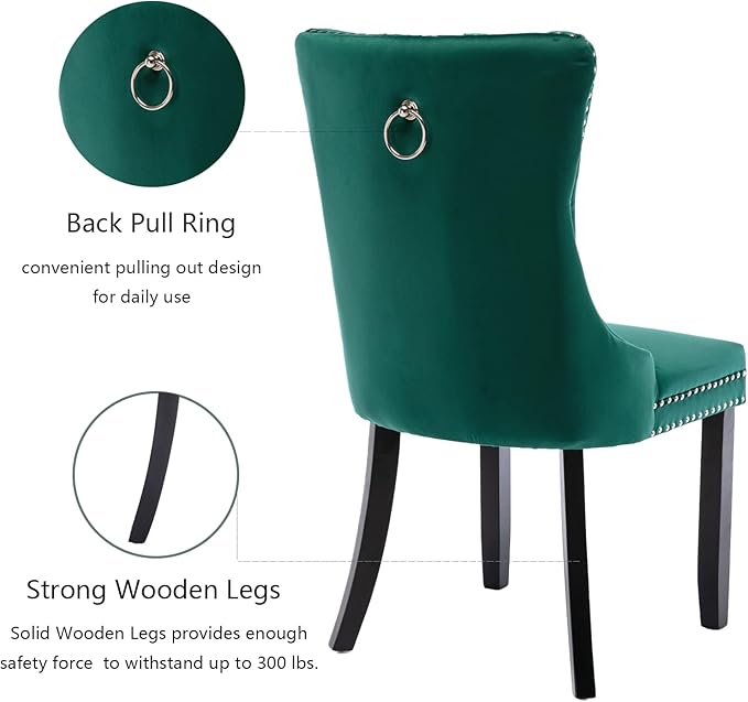 Green Velvet Dining Chairs Set of 4, Upholstered Dining Room Chairs with Back Ring Pull Trim and Solid Wood Legs, Tufted Wingback Kitchen Chairs for Dining Room,Living Room,Kitchen(Green)