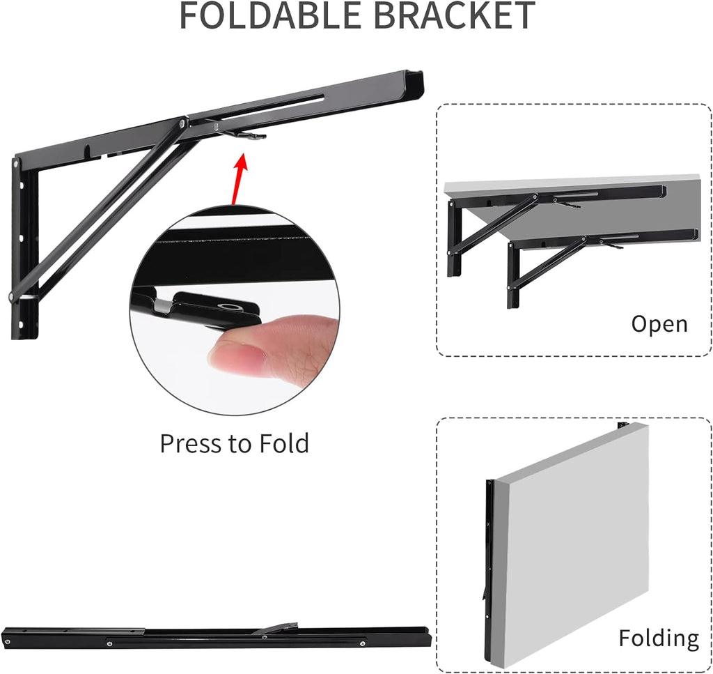 YUMORE Folding Shelf Brackets, 22 Inch Heavy Duty L Bracket, Black DIY Collapsible Shelf Bracket for Workbench Folding Table Hinge, Max Load: 330lb, Pack of 2