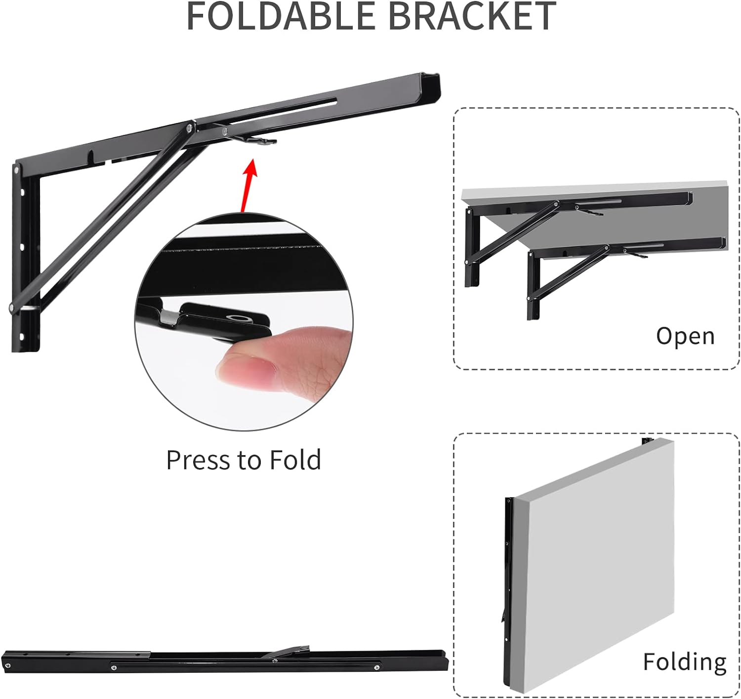 YUMORE Folding Shelf Brackets, 22 Inch Heavy Duty L Bracket, Black DIY Collapsible Shelf Bracket for Workbench Folding Table Hinge, Max Load: 330lb, Pack of 2