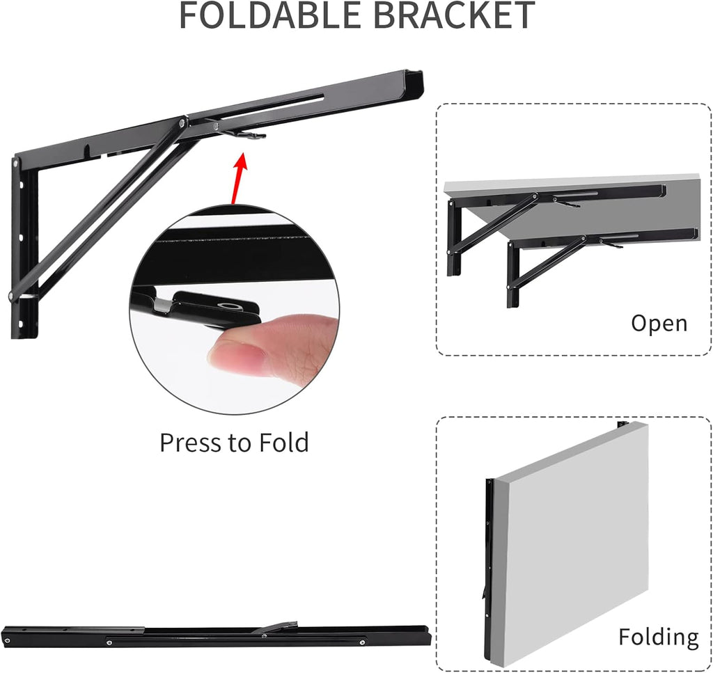 YUMORE Folding Shelf Brackets, 24 Inch Heavy Duty L Bracket, Black DIY Collapsible Shelf Bracket for Workbench Folding Table Hinge, Max Load: 330lb, Pack of 2