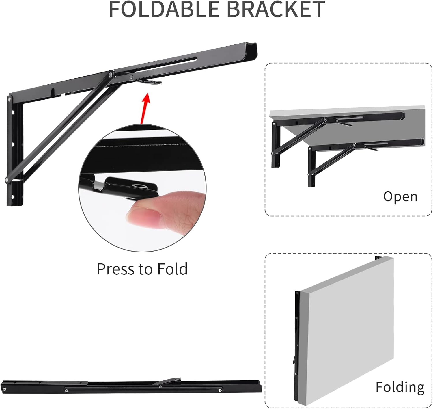 YUMORE Folding Shelf Brackets, 24 Inch Heavy Duty L Bracket, Black DIY Collapsible Shelf Bracket for Workbench Folding Table Hinge, Max Load: 330lb, Pack of 2