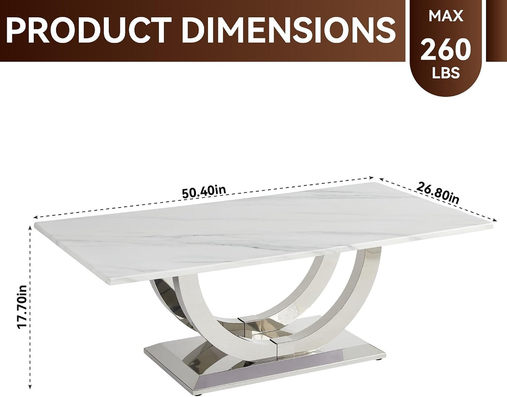 Henf Modern 50" Coffee Table White Faux Marble Center Table with Silver Mirrored Stainless Steel Base, Luxury Accent Sofa Table for Living Room Apartment (White & Silver)