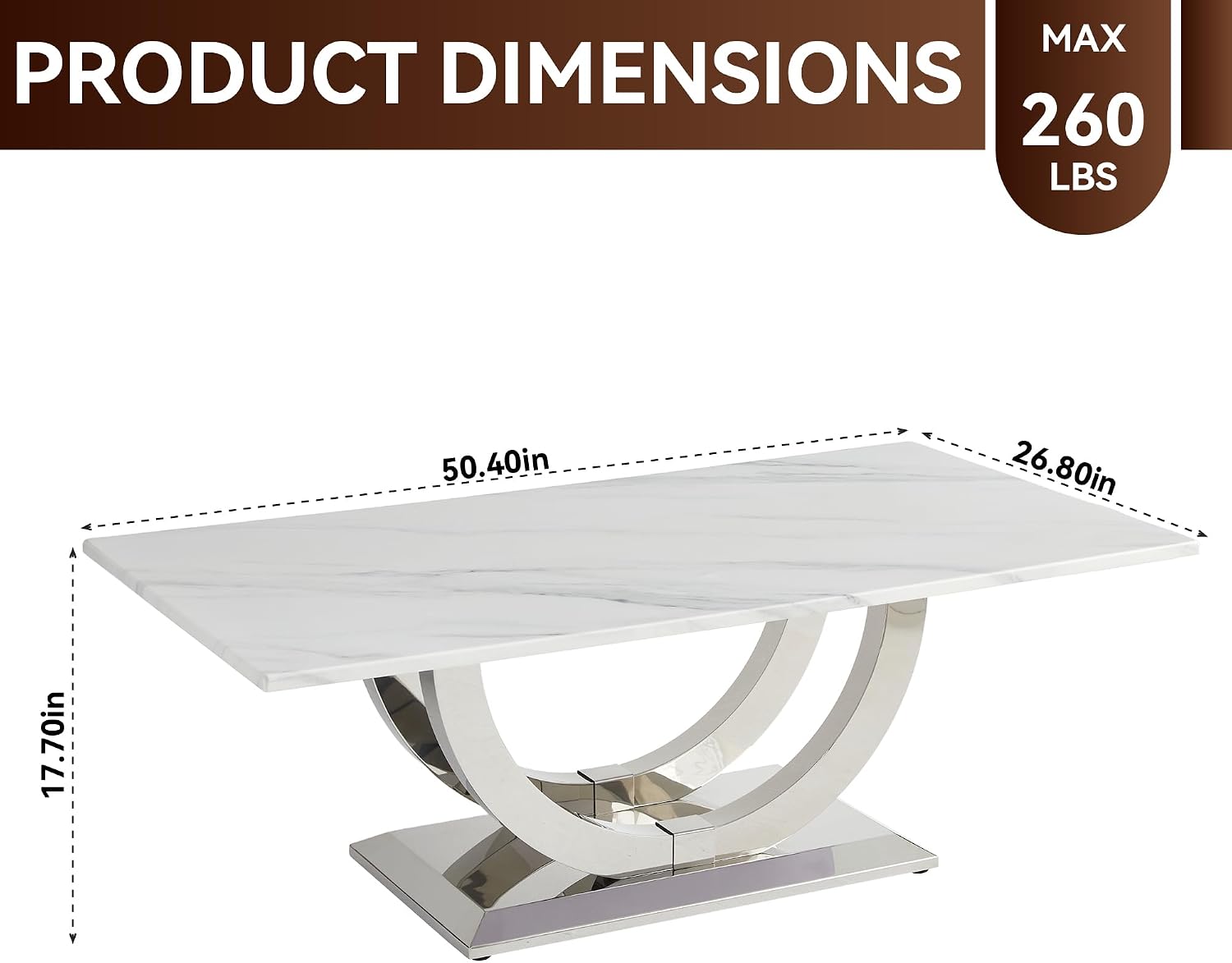 Henf Modern 50" Coffee Table White Faux Marble Center Table with Silver Mirrored Stainless Steel Base, Luxury Accent Sofa Table for Living Room Apartment (White & Silver)