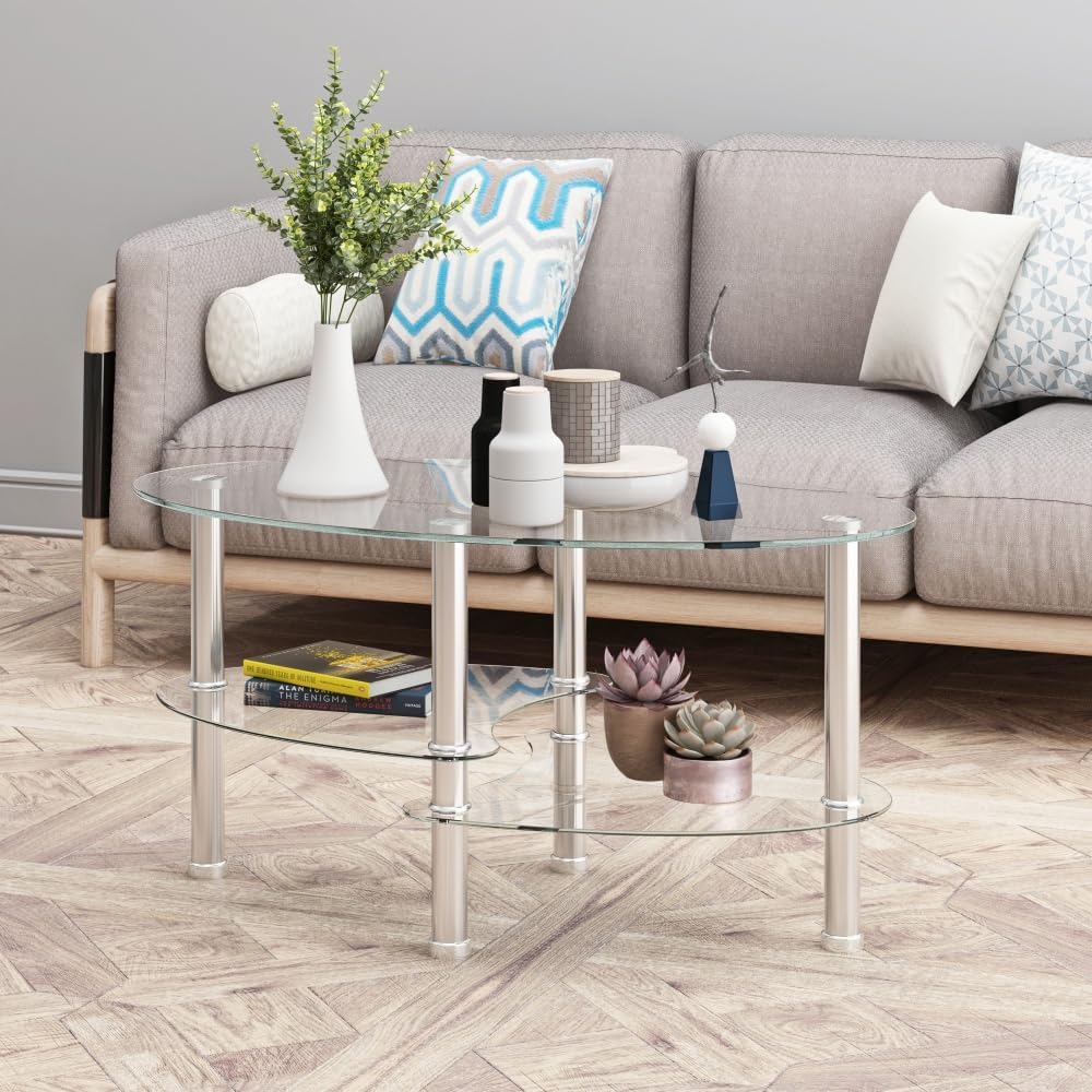 Transparent Oval Glass Coffee Table, Modern Table with Stainless Steel Leg, T...
