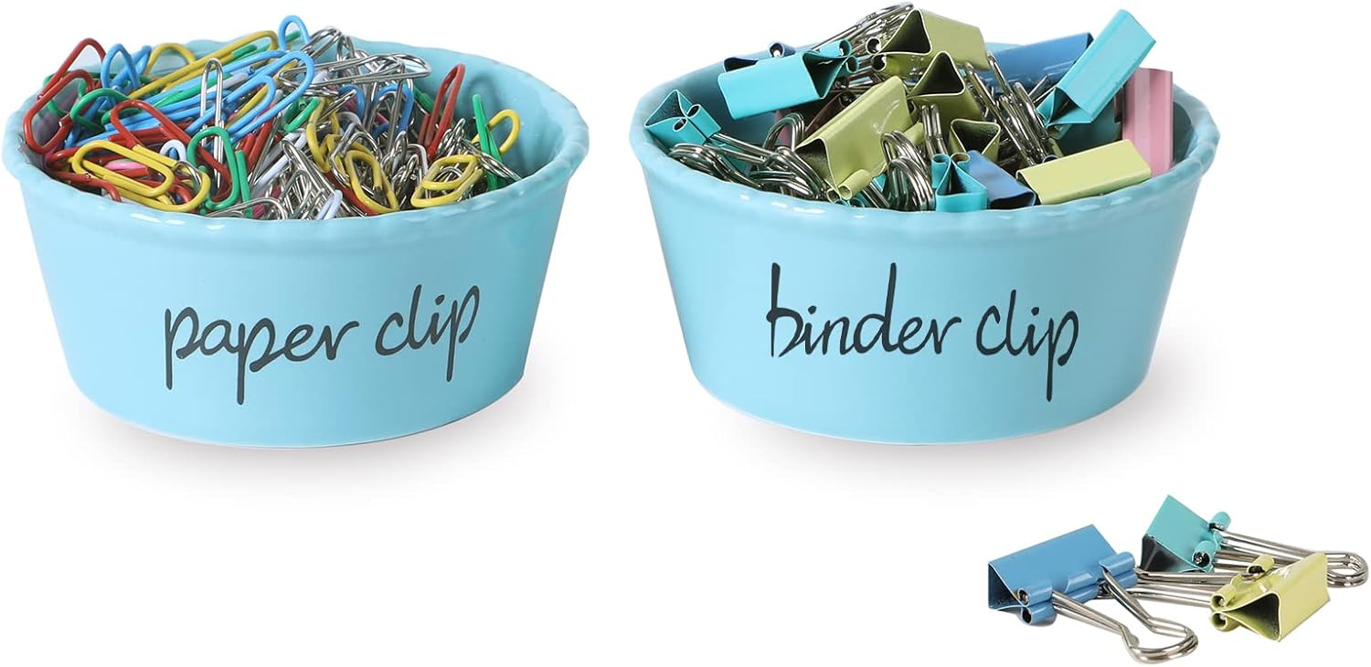 ONTUBE Ceramic Paper Clip Holder and Binder Clip Holder Set (Turquoise)