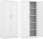 SteeLoong Kitchen Pantry Cabinet,71”Metal White Storage Cabinet with Doors and Shelves,Tall Cabinet with 2 Gold Hands for Dinning Room,Living Room