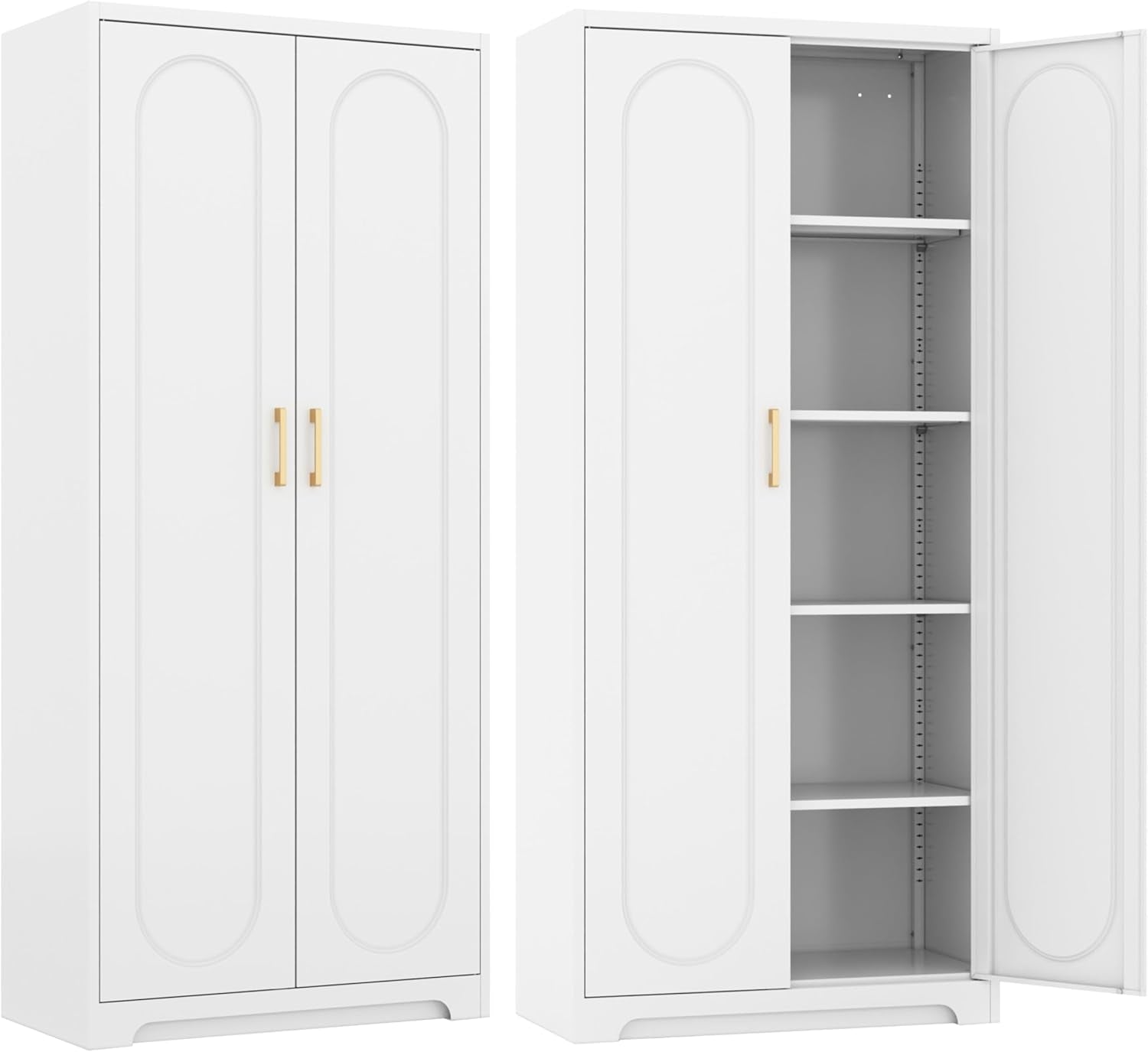SteeLoong Kitchen Pantry Cabinet,71”Metal White Storage Cabinet with Doors and Shelves,Tall Cabinet with 2 Gold Hands for Dinning Room,Living Room