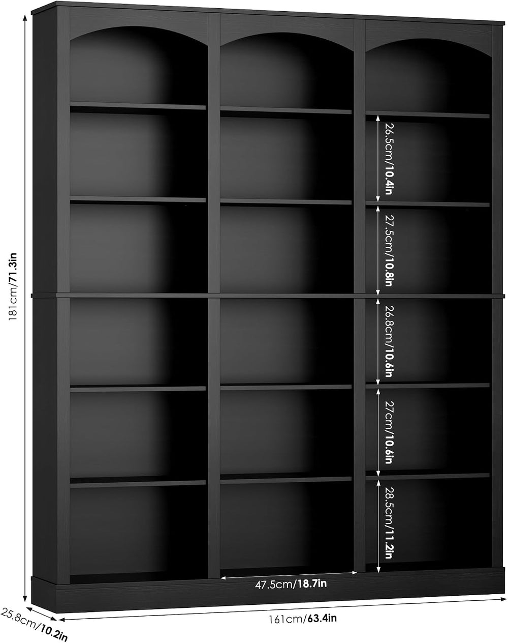 FACBOTALL 71" Triple Wide Bookshelf, 6 Tier Large Arch Black Bookcase