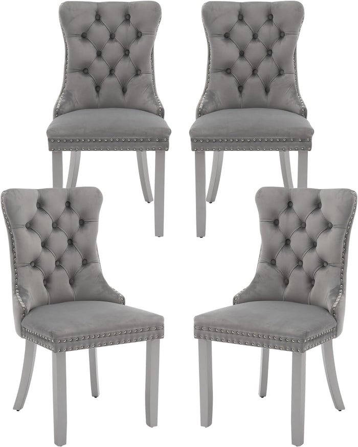 Light Gray Velvet Dining Chairs Set of 4, Tufted Back, Silver Wood Legs