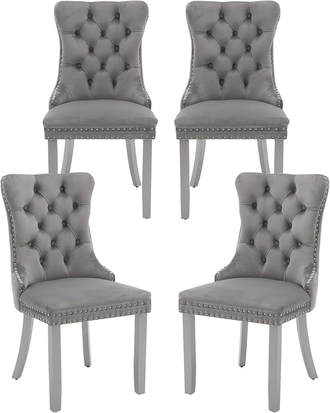 Velvet Dining Chairs Set of 4, High-end Tufted Upholstered Dining Chair with Back Ring Pull, Nailhead Trim and Silver Solid Wood Legs, Modern Dining Room Chairs for Dining Room, Light Gray