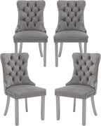 Velvet Dining Chairs Set of 4, High-end Tufted Upholstered Dining Chair with Back Ring Pull, Nailhead Trim and Silver Solid Wood Legs, Modern Dining Room Chairs for Dining Room, Light Gray