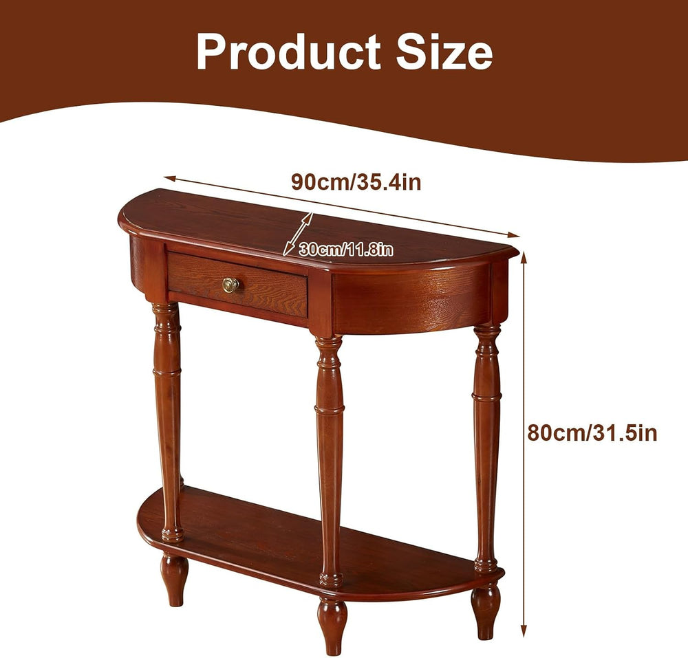 Half Moon Console Table, Solid Wood Console Tables with Drawer and Shelf, for...