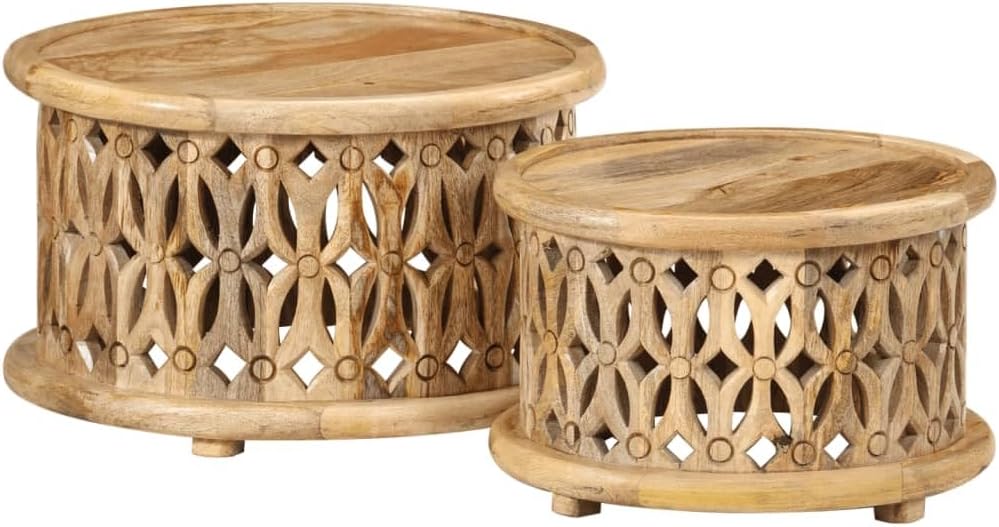 2 Piece Coffee Table Set Solid Mango Wood Round Nesting Side Tables for Livin...