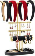 3 Tiers Jewelry Organizer, Earring Holder Organizer with 80 Holes, T-Bar Beige Velvet Bracelet Holder for HeadBands, Earrings, Bracelets, Rings Jewelry Holder Organizer (Black Gold)
