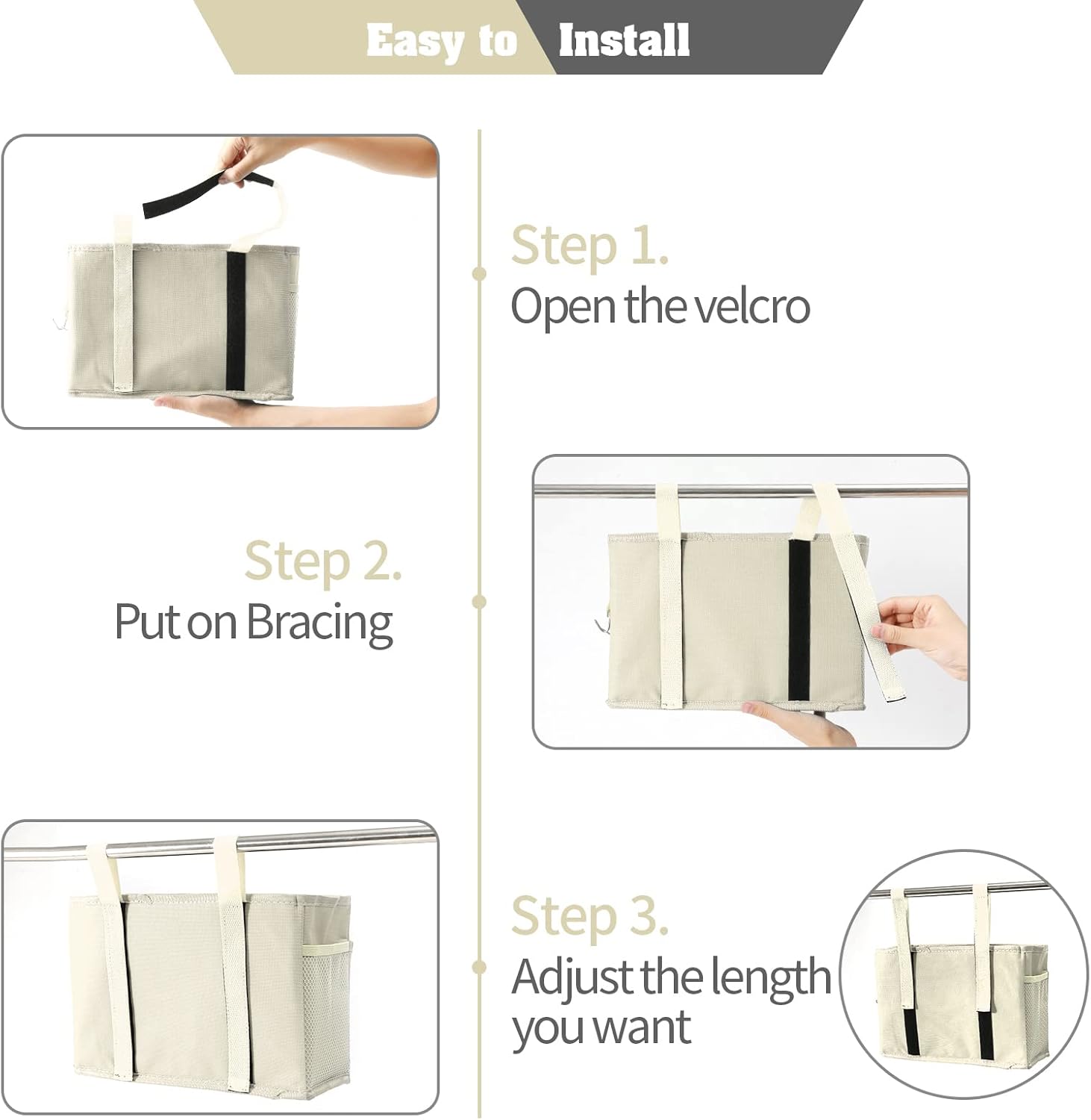 Bseash Bunk Bed Organizer, Bedside Caddy Hanging Bed Organizer Storage Bag with 4 Pockets and 2 Hooks, for College Dorm Rooms Bed, Hospital Bed, Baby Bed Rails, 600D Oxford Cloth (Beige)
