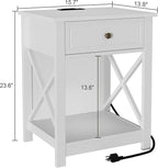 Treocho White End Table Set of 2,Nightstand with Charging Station, X-Design Side Table with 2 AC and USB Power Outlets, Small Night Stand with Storage Drawer and Open Shelf for Living Room