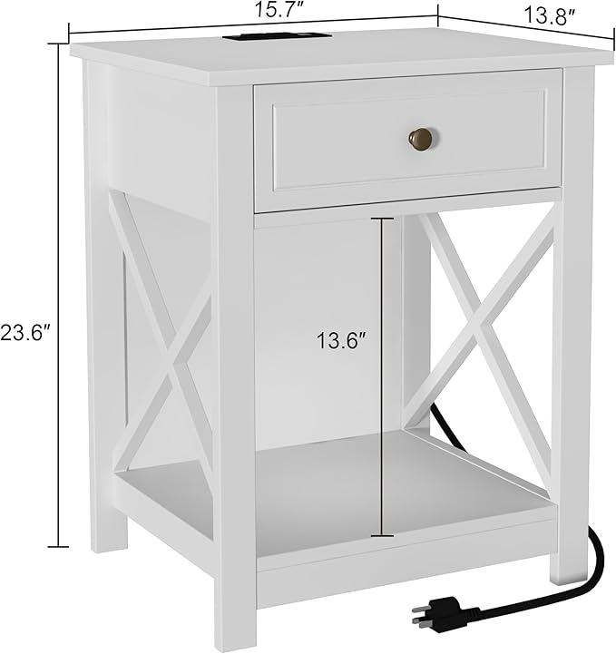 Treocho White End Table Set of 2,Nightstand with Charging Station, X-Design Side Table with 2 AC and USB Power Outlets, Small Night Stand with Storage Drawer and Open Shelf for Living Room