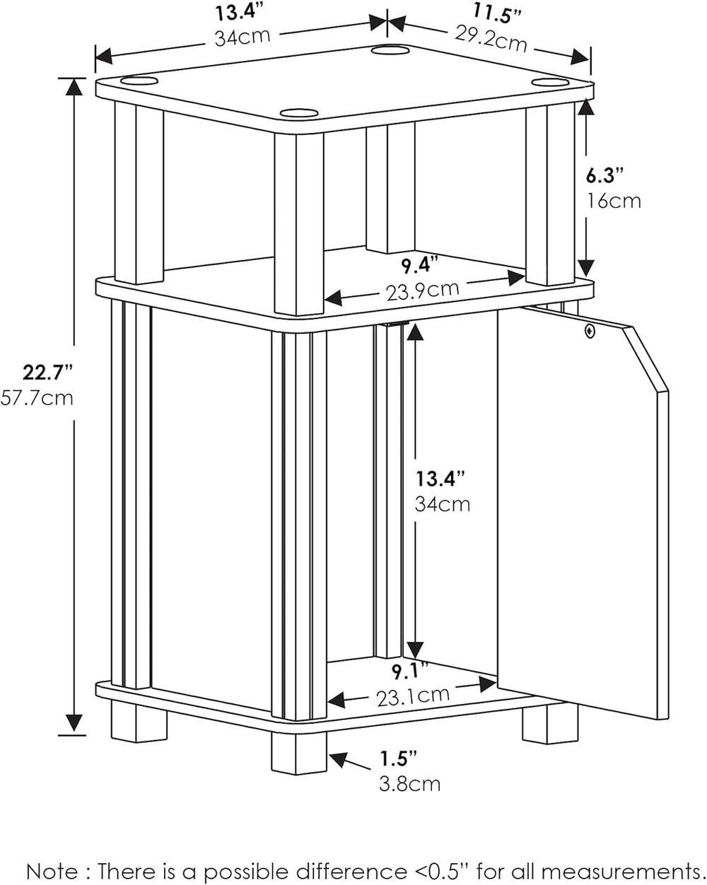 JUST Side Table Set of 2, 3-Tier Modern Square End Table with Door Cabinet, N...