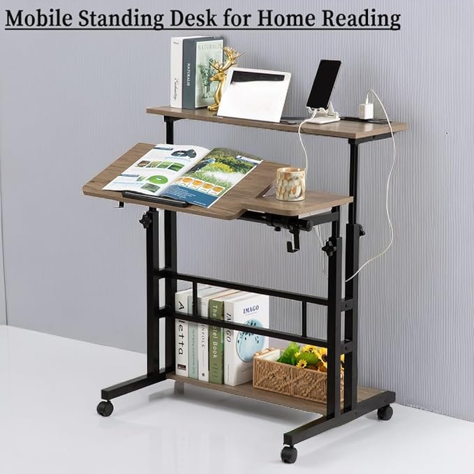 Hadulcet Stand Up Desk, Rolling Desk Adjustable Height, Mobile Standing with Wheels & Charging Station Grey or Rustic Brown